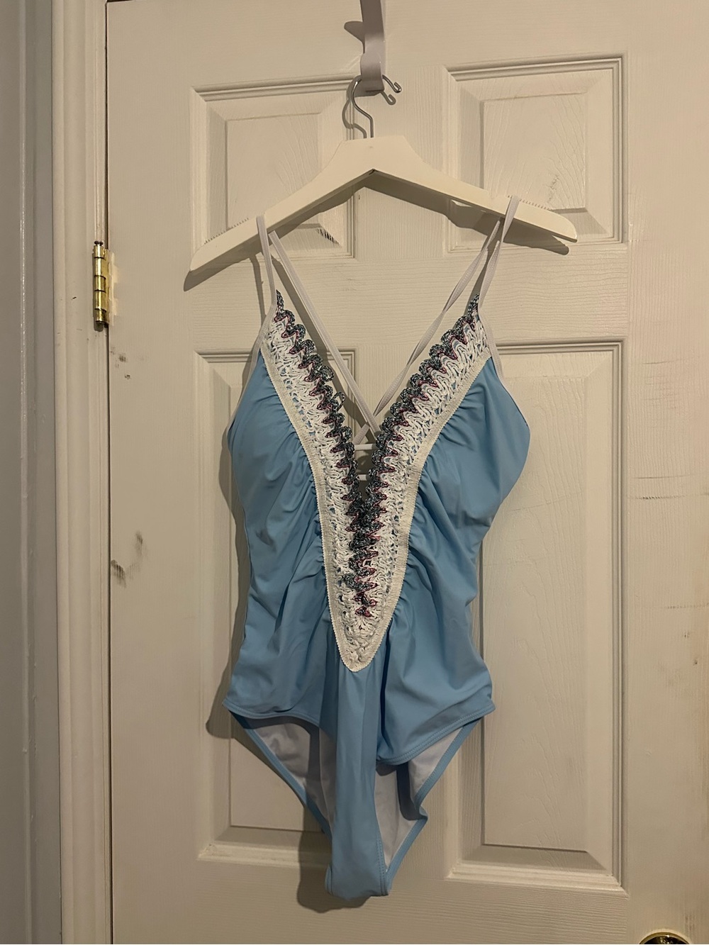 Women's Plunge One-Piece Swimsuit – Sky Blue Embroidered Crochet Monokini